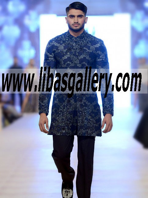 beautiful moon light blue hsy designer sherwani suit hand embellished silver material for groom barat nikah uk usa canada